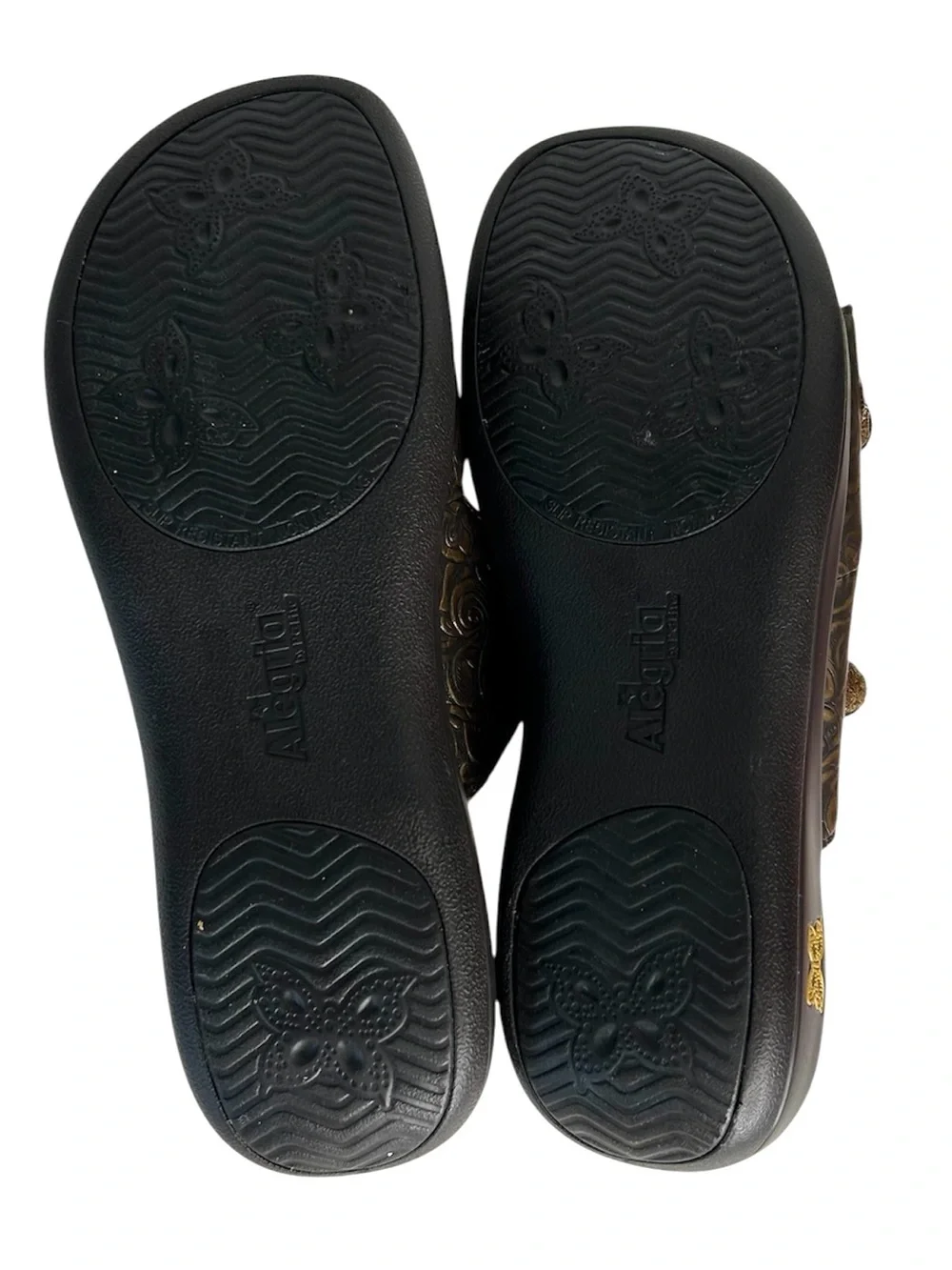 ALEGRIA PG Lite Women Sz 42 Jade Brown Embossed Leather Adjustable Slide Sandals